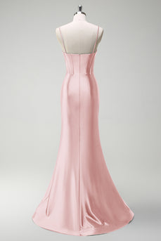 Sparkly Blush Satin Corset Beaded Long Formal Dress with Slit