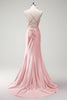 Load image into Gallery viewer, Sparkly Fuchsia Beaded Corset Satin Long Formal Dress with Slit