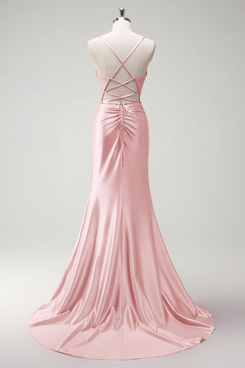 Sparkly Fuchsia Beaded Corset Satin Long Formal Dress with Slit