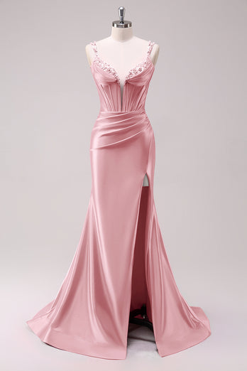 Sparkly Fuchsia Beaded Corset Formal Dress with Slit