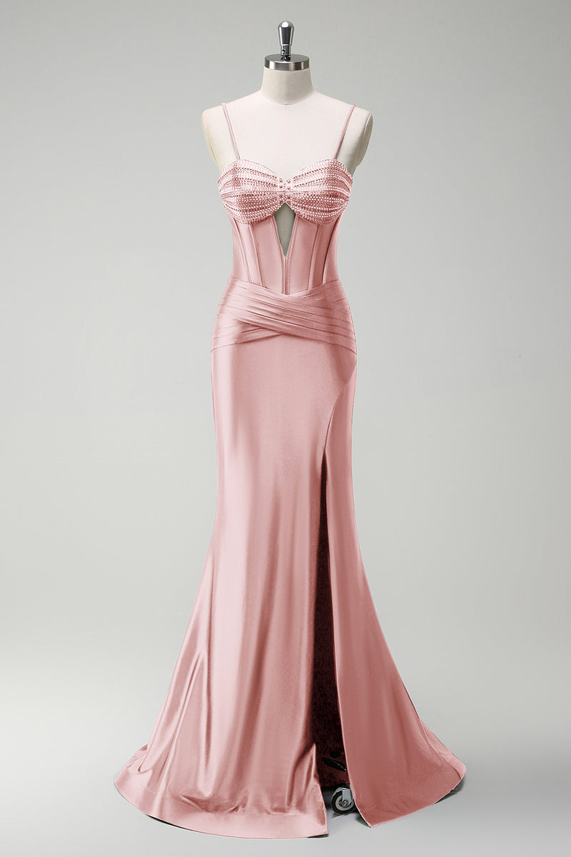 Load image into Gallery viewer, Sparkly Blush Satin Corset Beaded Long Formal Dress with Slit