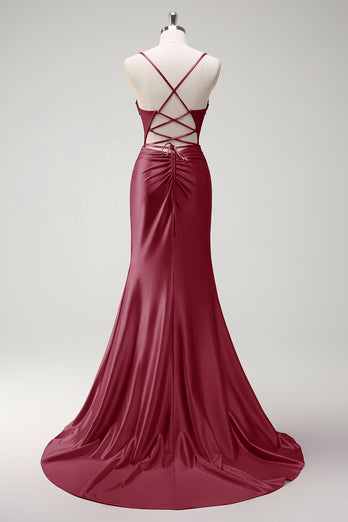 Sparkly Fuchsia Beaded Corset Satin Long Formal Dress with Slit