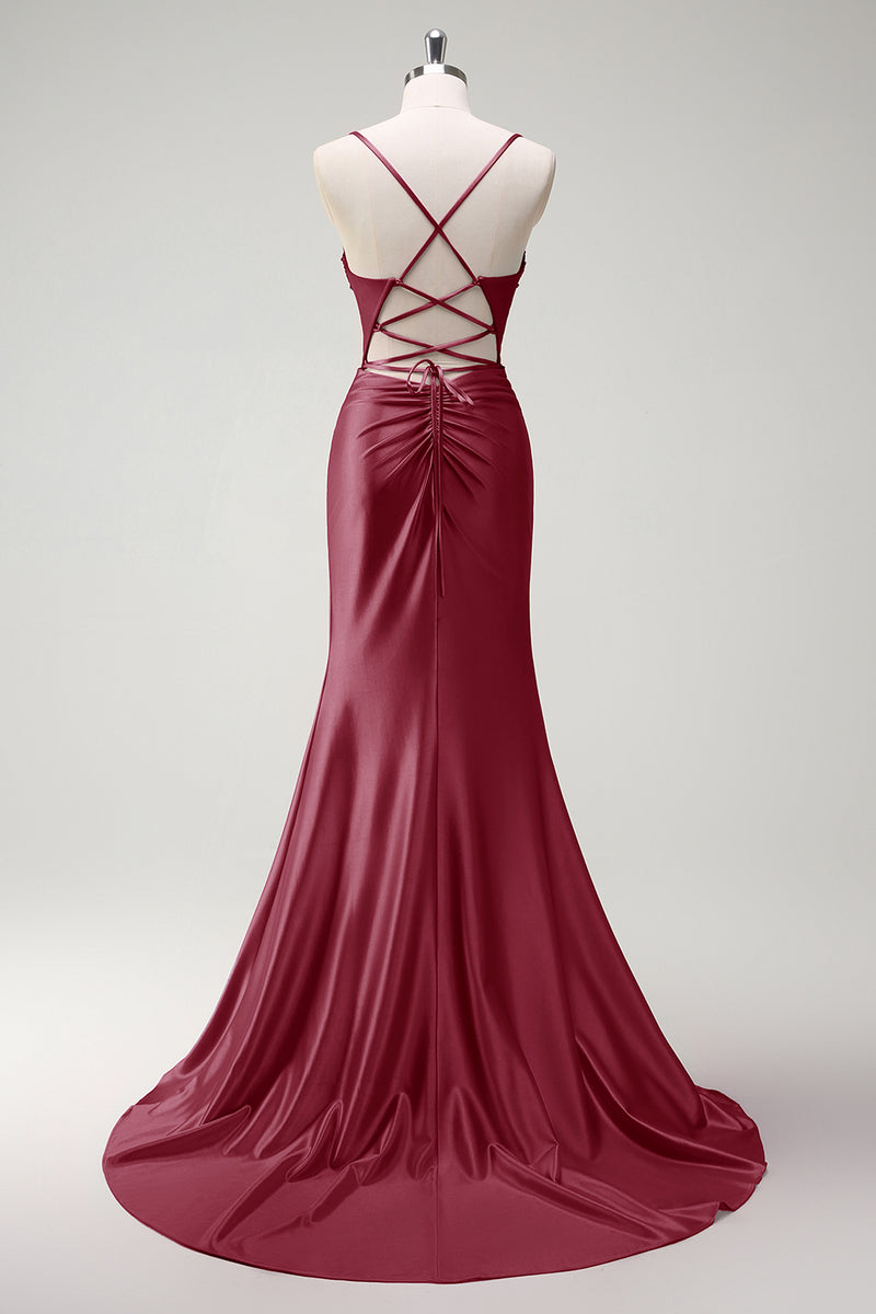 Load image into Gallery viewer, Sparkly Fuchsia Beaded Corset Satin Long Formal Dress with Slit