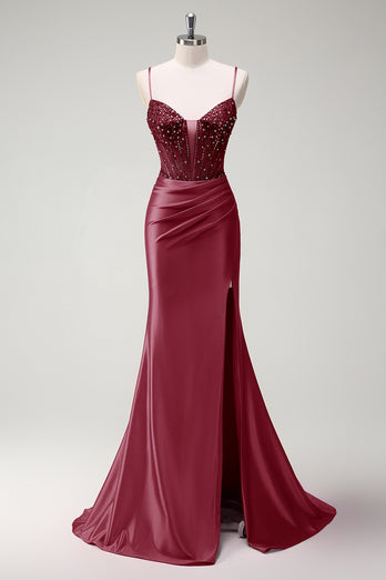 Sparkly Fuchsia Beaded Corset Satin Long Formal Dress with Slit