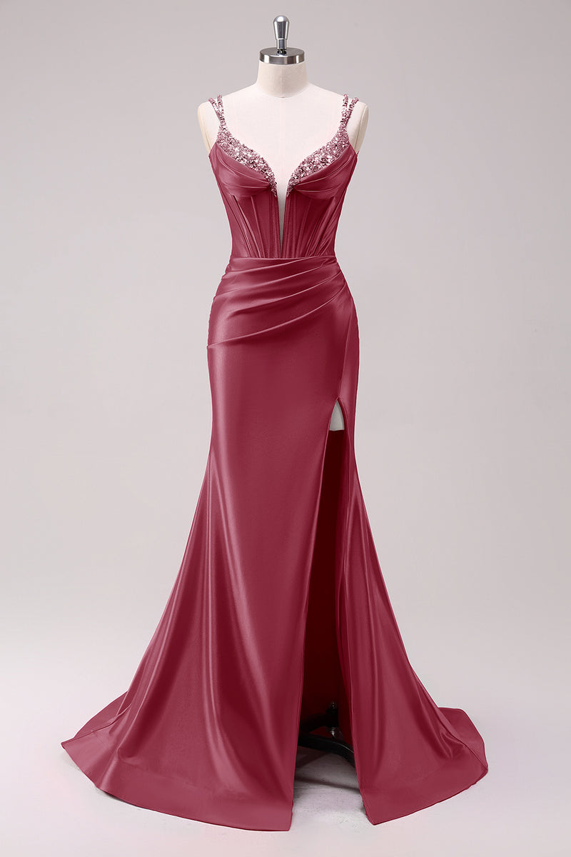 Load image into Gallery viewer, Sparkly Fuchsia Beaded Corset Formal Dress with Slit