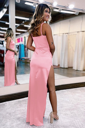 Hot Pink Satin V-Neck Simple Formal Dress with Slit