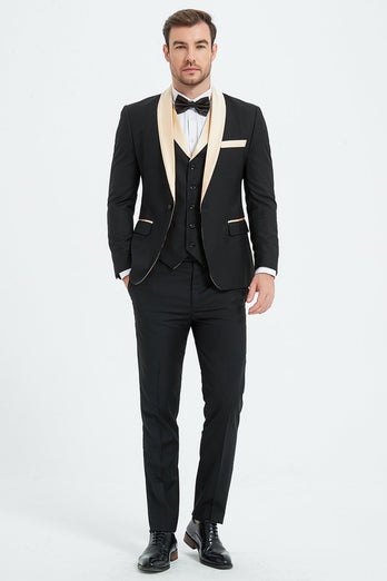 Black and Champagne 3 Piece Shawl Lapel Men's Fomal Suits