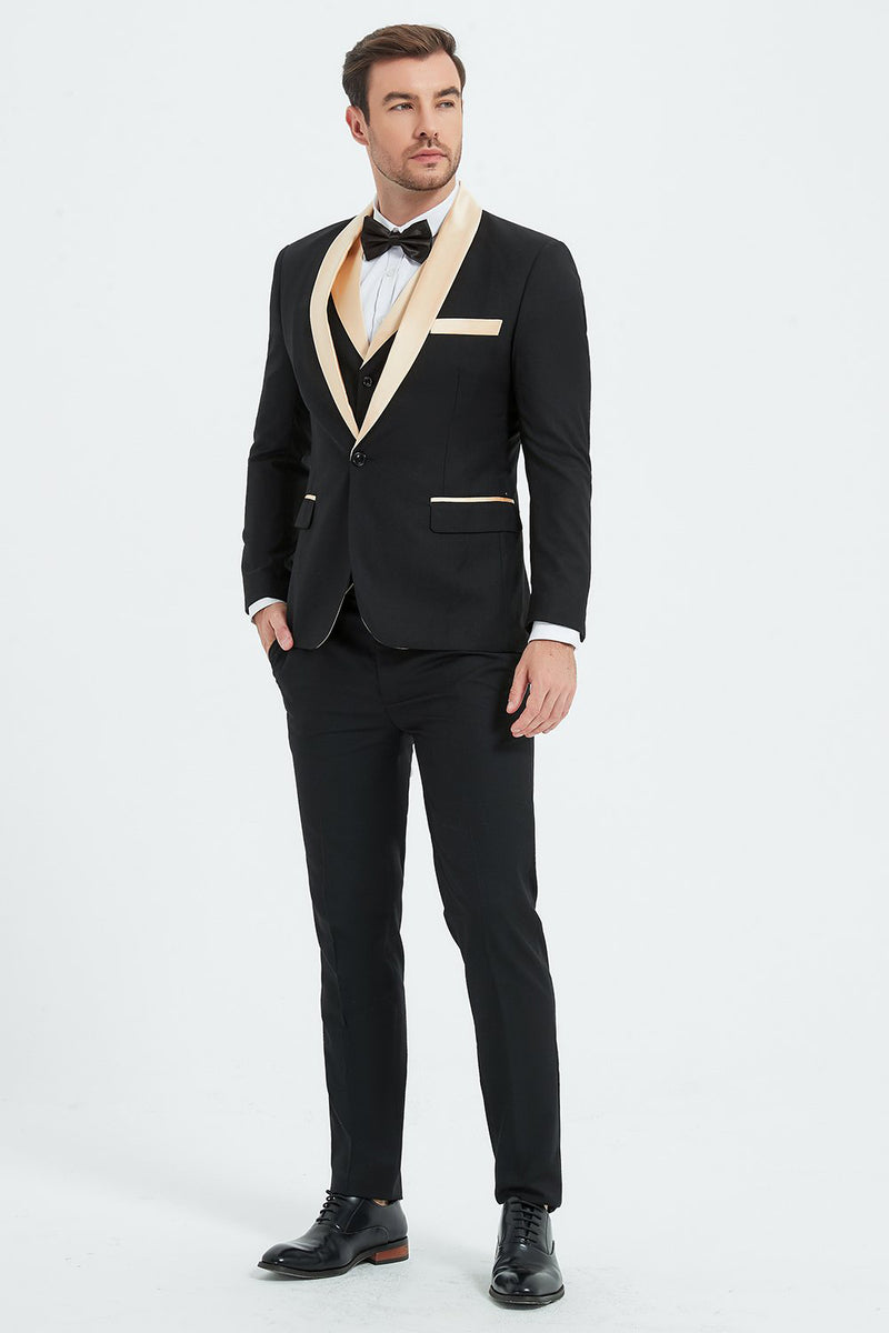 Load image into Gallery viewer, Black and Champagne 3 Piece Shawl Lapel Men&#39;s Fomal Suits