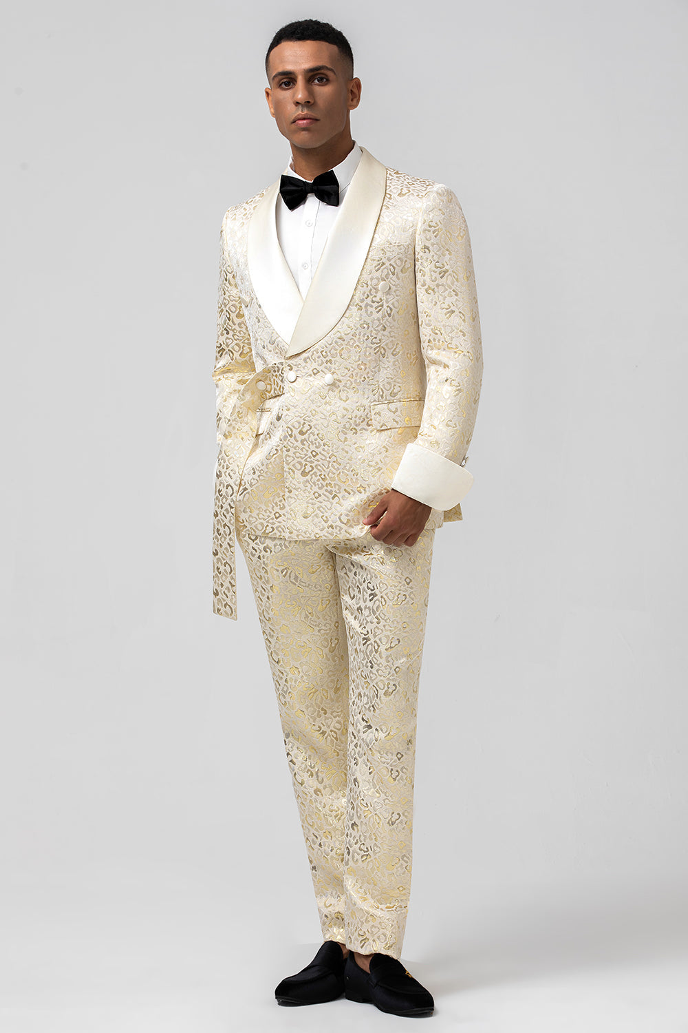 Glitter Champagne Shawl Lapel Jacquard 2 Piece Men's Prom Tuxedos with Belt