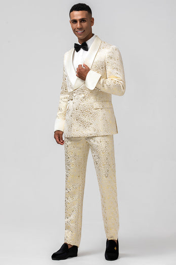 Glitter Champagne Shawl Lapel Jacquard 2 Piece Men's Prom Tuxedos with Belt