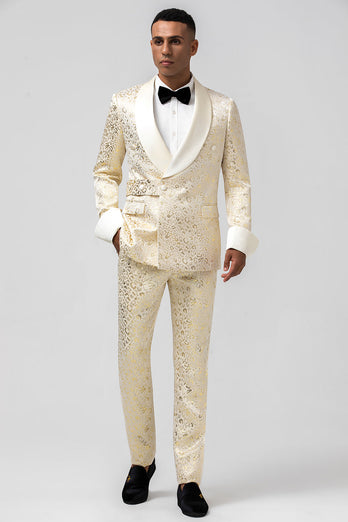 Glitter Champagne Shawl Lapel Jacquard 2 Piece Men's Prom Tuxedos with Belt