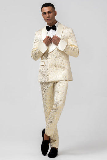 Glitter Champagne Shawl Lapel Jacquard 2 Piece Men's Prom Tuxedos with Belt