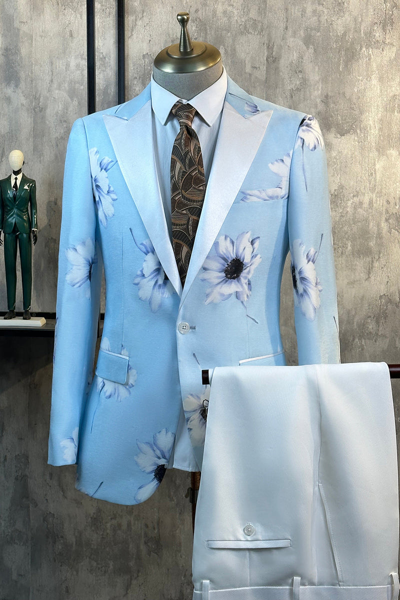 Load image into Gallery viewer, Light Blue Floral Peak Lapel 2 Piece Men&#39;s Suits