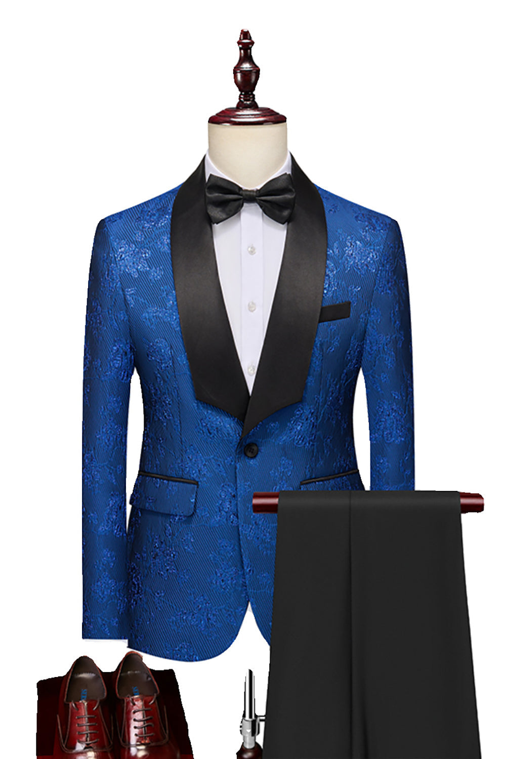 Royal Blue Shawl Lapel Jacquard 2 Pieces Men Formal Suits