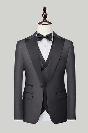 Black Grey 3 Piece Peak Lapel One Button Men's Formal Suits