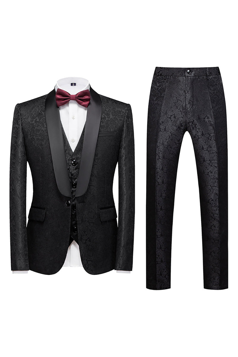 Load image into Gallery viewer, Black 3 Piece Jacquard Shawl Lapel Men&#39;s Prom Tuxedo