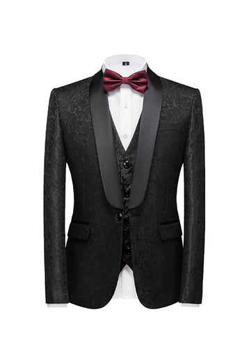 Black 3 Piece Jacquard Shawl Lapel Men's Prom Tuxedo