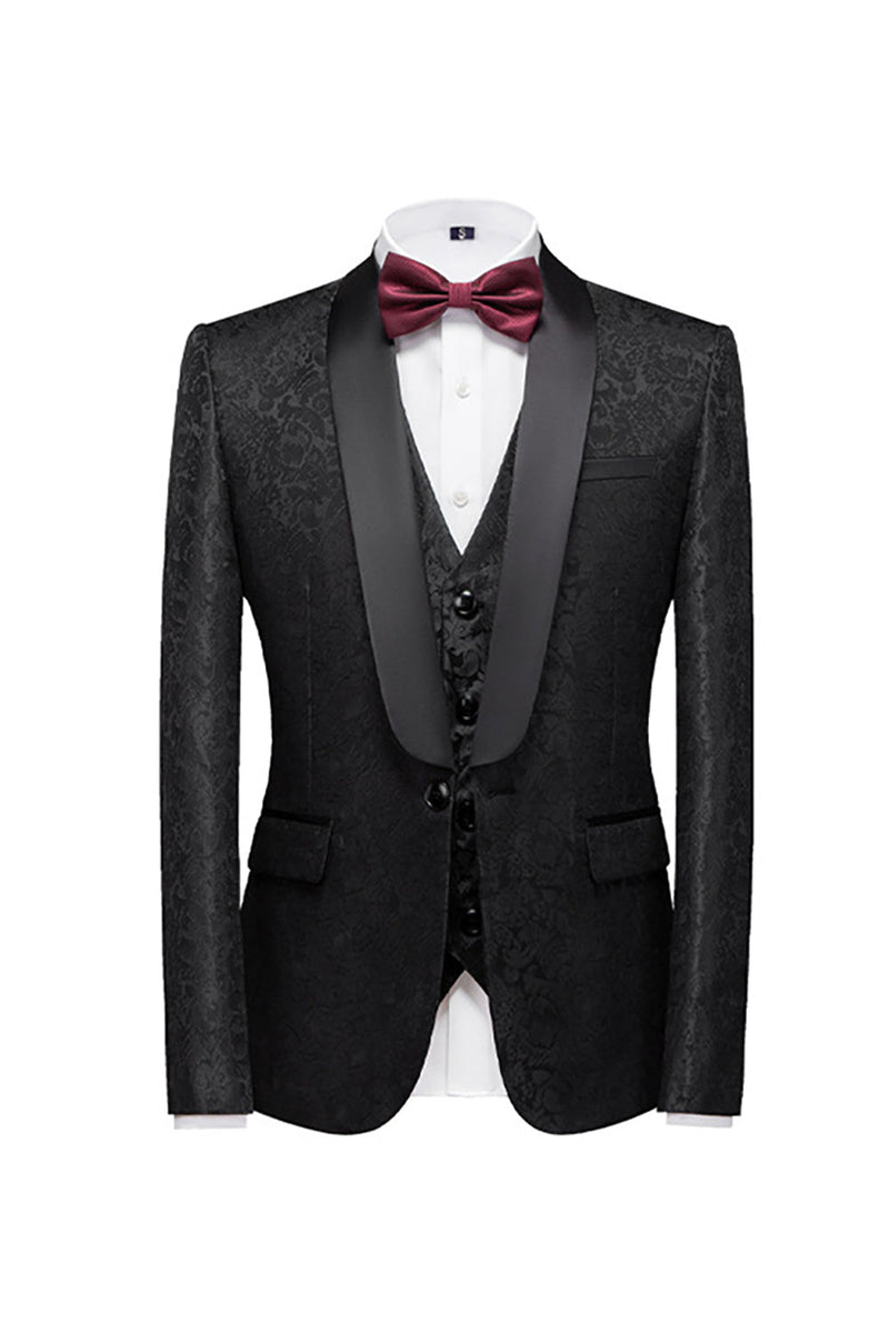 Load image into Gallery viewer, Black 3 Piece Jacquard Shawl Lapel Men&#39;s Prom Tuxedo