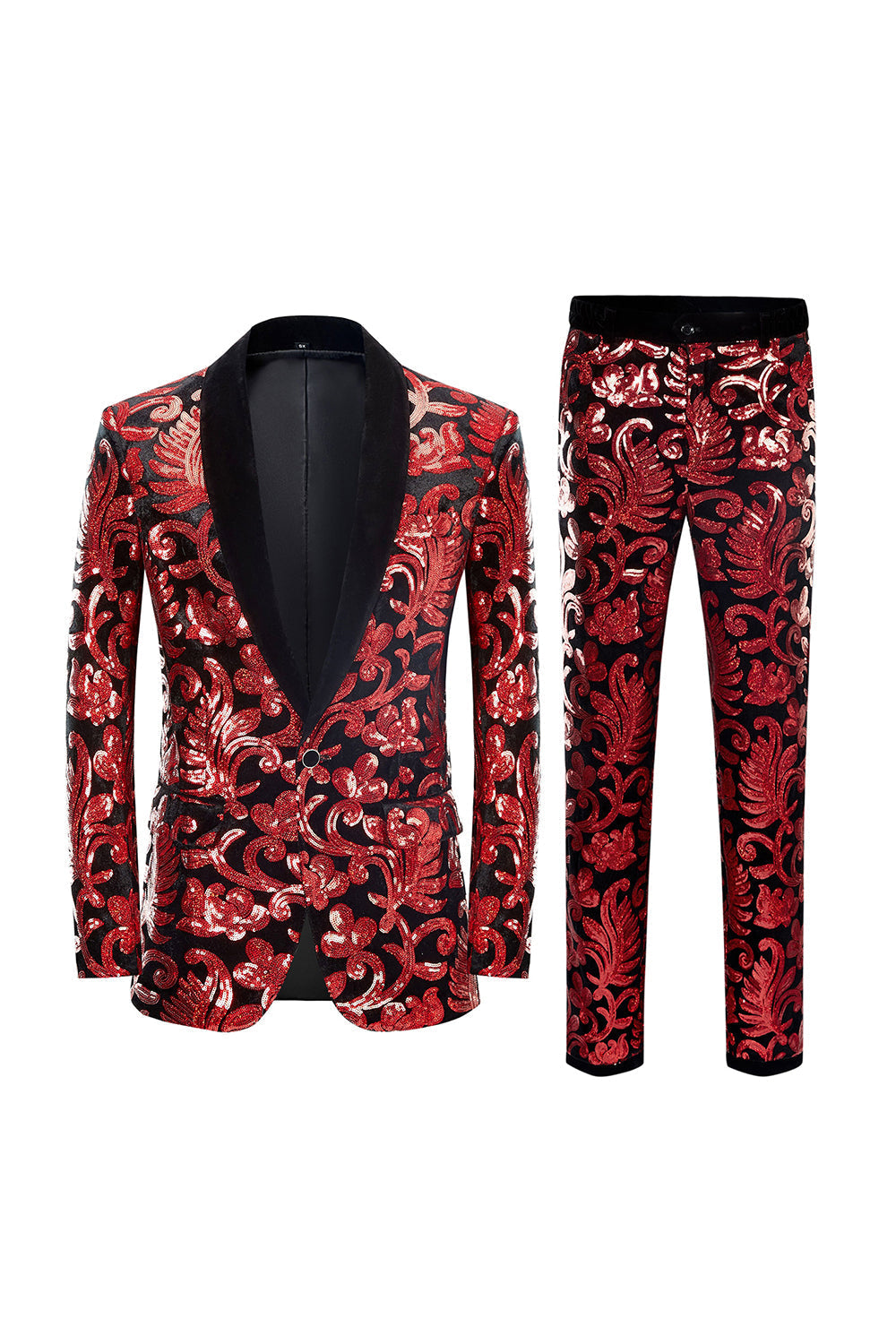 Red Sequins Floral Pattern Men's 2 Pieces Suits