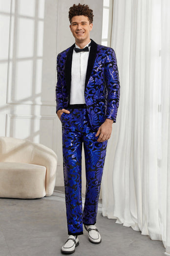 Shawl Lapel One Button Royal Blue Sequins Men's 2 Pieces Suits