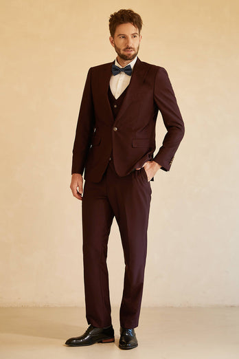 Peak Lapel Single Button Burgundy Men's Formal Suit