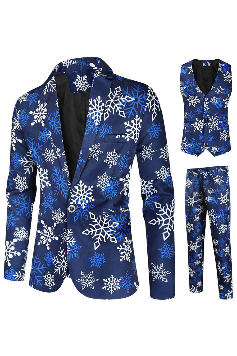 Blue Snowflake Printed 3 Piece Men's Christmas Prom Tuxedos