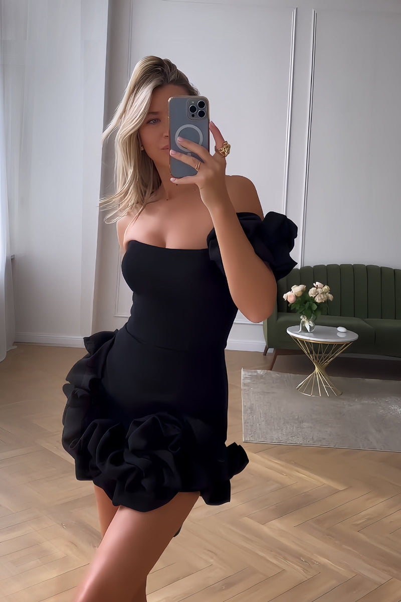 Load image into Gallery viewer, Black Tight One Shoulder Ruffled Short Formal Dress