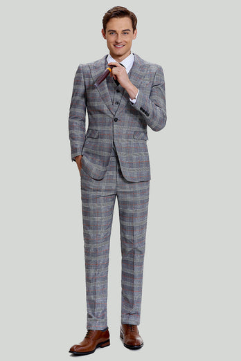 Grey Plaid Wide Peak Lapel 3 Piece Single Breasted Men's Formal Suits