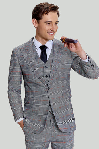 Grey Plaid Wide Peak Lapel 3 Piece Single Breasted Men's Formal Suits