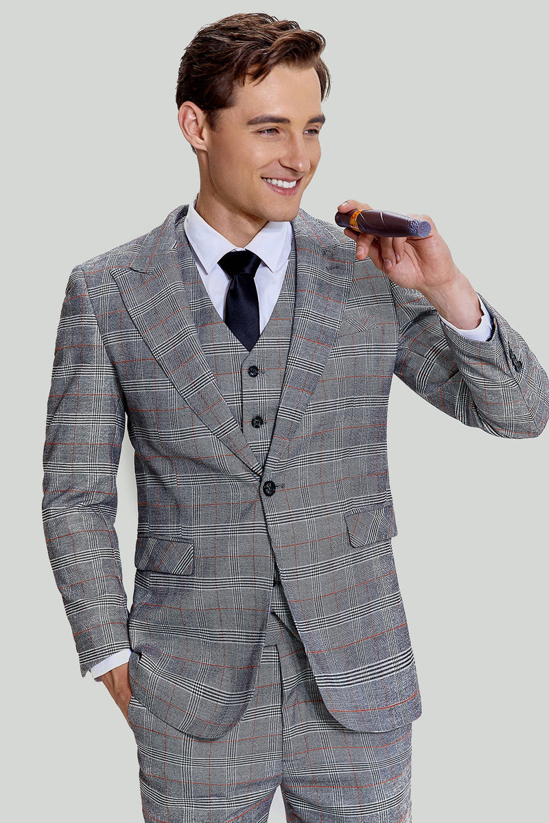 Load image into Gallery viewer, Grey Plaid Wide Peak Lapel 3 Piece Single Breasted Men&#39;s Formal Suits