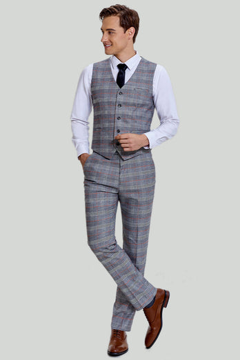 Grey Plaid Wide Peak Lapel 3 Piece Single Breasted Men's Formal Suits