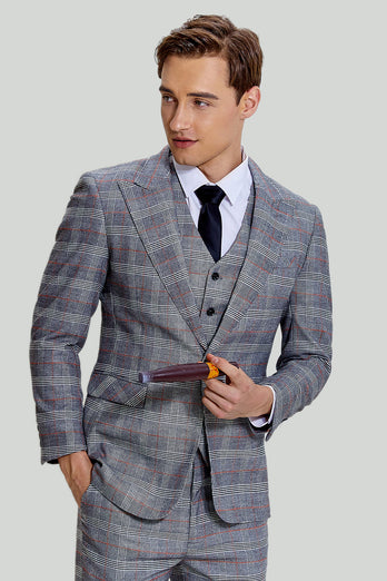 Grey Plaid Wide Peak Lapel 3 Piece Single Breasted Men's Formal Suits