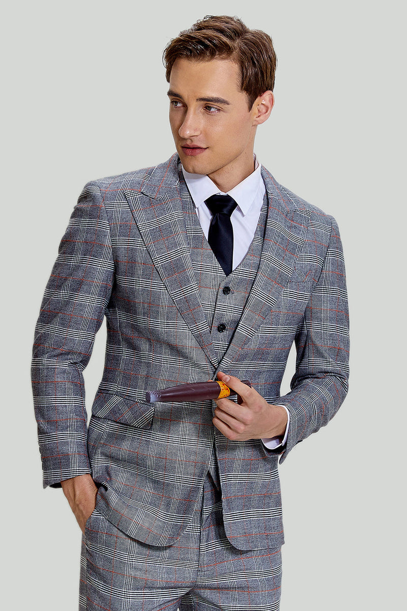 Load image into Gallery viewer, Grey Plaid Wide Peak Lapel 3 Piece Single Breasted Men&#39;s Formal Suits