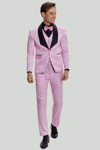 Pink Jacquard Satin Shawl Lapel 3 Piece Men's Formal Suits