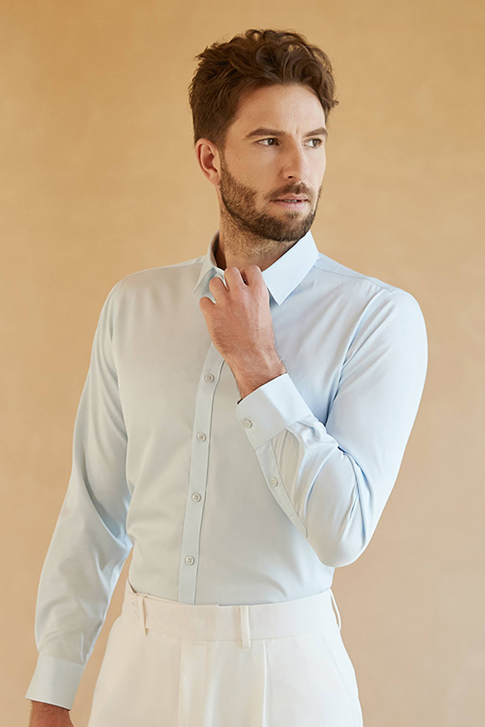 Long Sleeves Light Blue Solid Suit Shirt