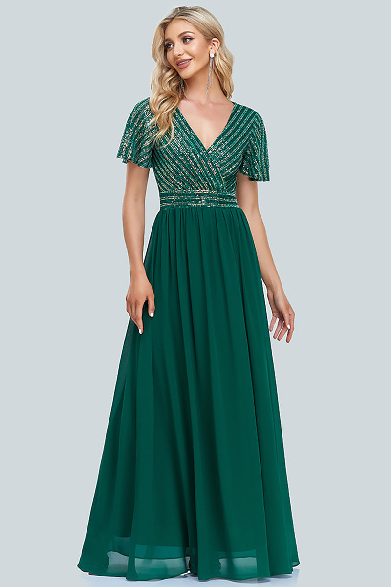 Load image into Gallery viewer, Sparkly V-Neck Green Long Formal Dress with Sleeves