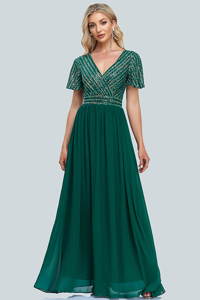 Load image into Gallery viewer, Sparkly V-Neck Green Long Formal Dress with Sleeves