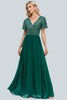 Load image into Gallery viewer, Sparkly V-Neck Green Long Formal Dress with Sleeves