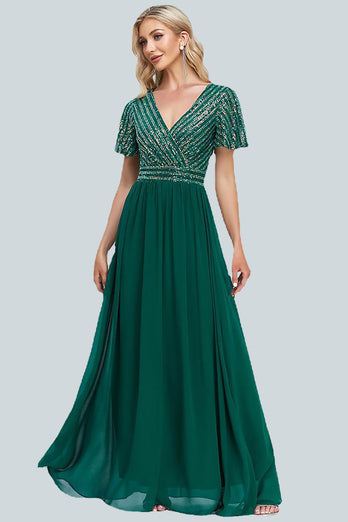 Sparkly V-Neck Green Long Formal Dress with Sleeves