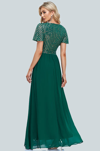 Sparkly V-Neck Green Long Formal Dress with Sleeves