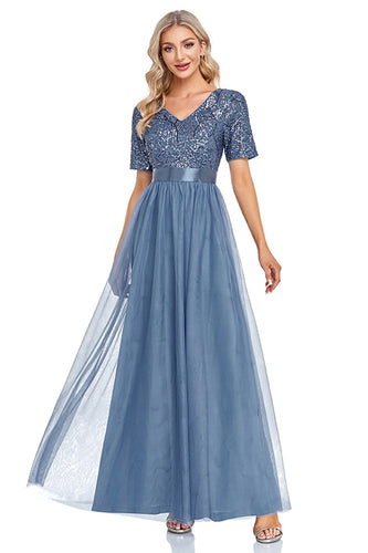 V-Neck Blue Long Formal Dress with Short Sleeves