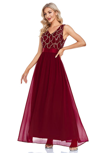 Sparkly V-Neck Burgundy Long Formal Dress