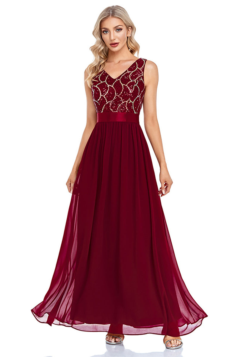 Load image into Gallery viewer, Sparkly V-Neck Burgundy Long Formal Dress