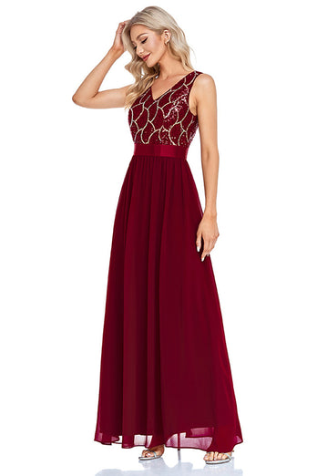 Sparkly V-Neck Burgundy Long Formal Dress