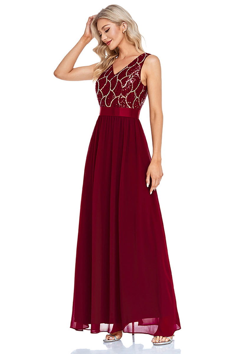 Load image into Gallery viewer, Sparkly V-Neck Burgundy Long Formal Dress