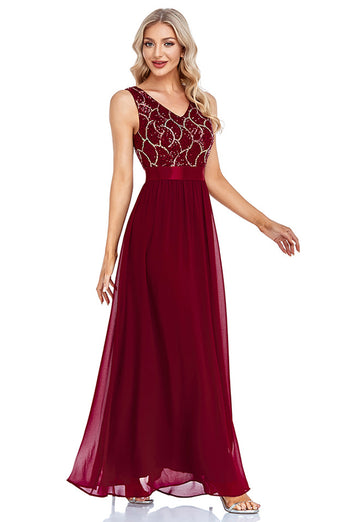 Sparkly V-Neck Burgundy Long Formal Dress