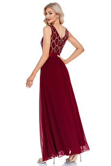 Sparkly V-Neck Burgundy Long Formal Dress