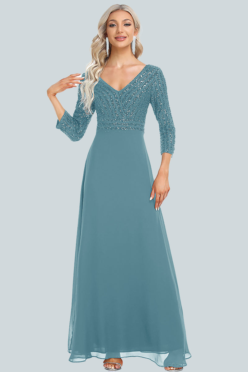 Load image into Gallery viewer, Sparkly V-Neck Sequins Navy Long Formal Dress with Sleeves