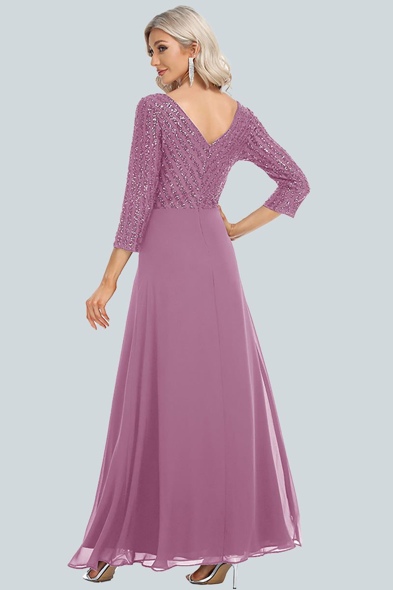 Load image into Gallery viewer, Sparkly V-Neck Sequins Navy Long Formal Dress with Sleeves