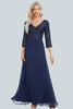 Load image into Gallery viewer, Sparkly V-Neck Sequins Navy Long Formal Dress with Sleeves